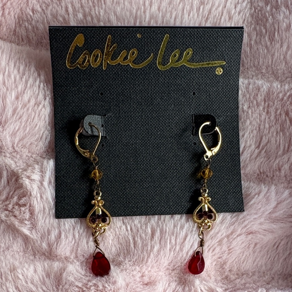 Cookie Lee Gold and Deep Red Teardrop Earrings